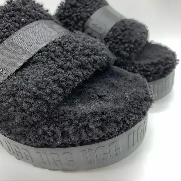 UGG Fluffita Platform Sheepskin Slipper Black Size 9/9.5 Lounge Travel Fuzzy - Picture 3 of 11